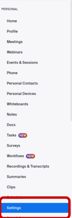 Zoom recording settings on the left hand side