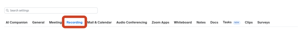 Zoom recording settings on the horizontal menu bar