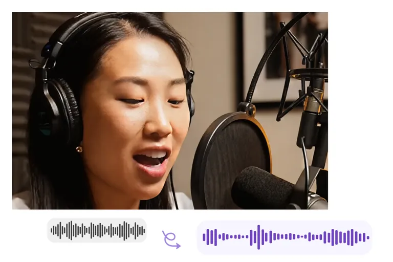 AI voice enhancement: a podcaster at a studio mic, noisy waveform turned clean